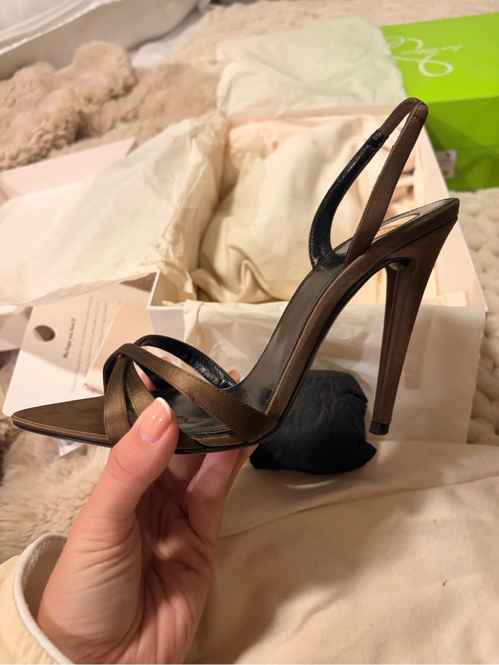 Saint Laurent Bronze Satin Strappy Slingback Heels